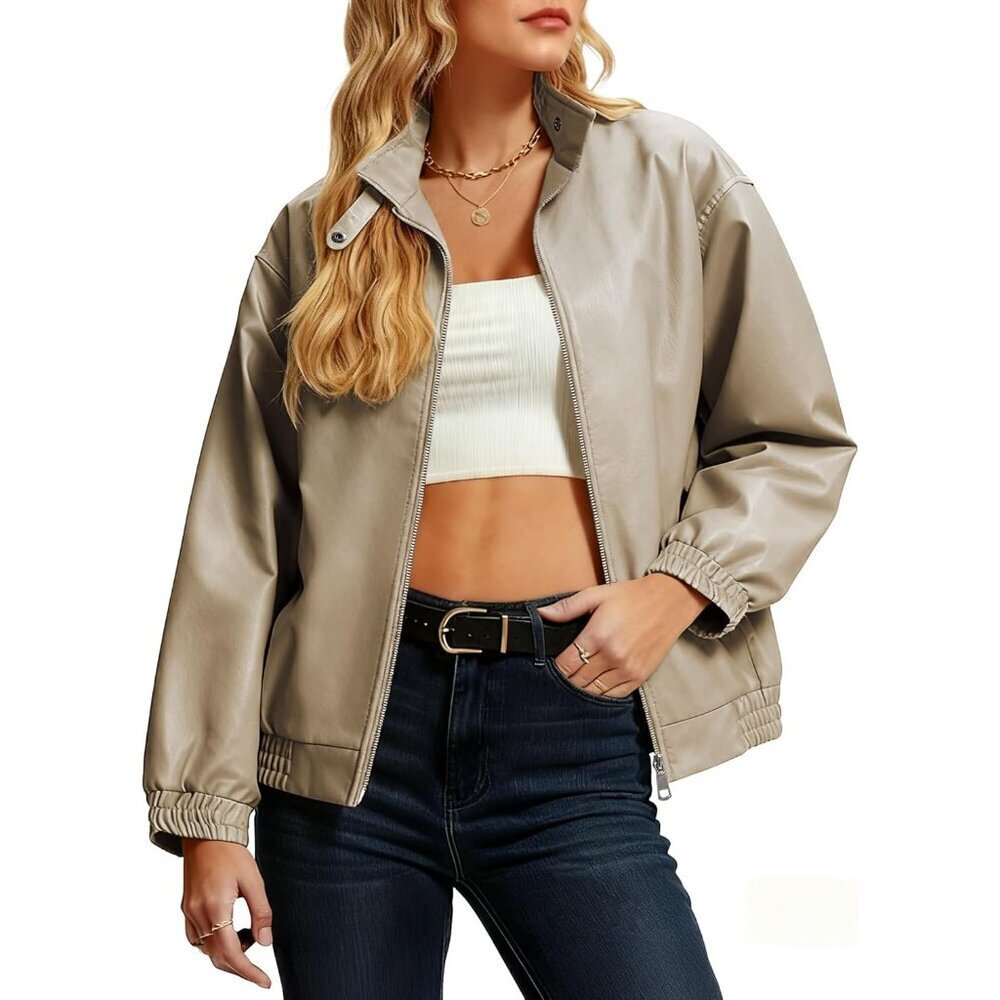 Women's Khaki Faux Leather Stand Collar Double Zipper Casual Bomber Jacket